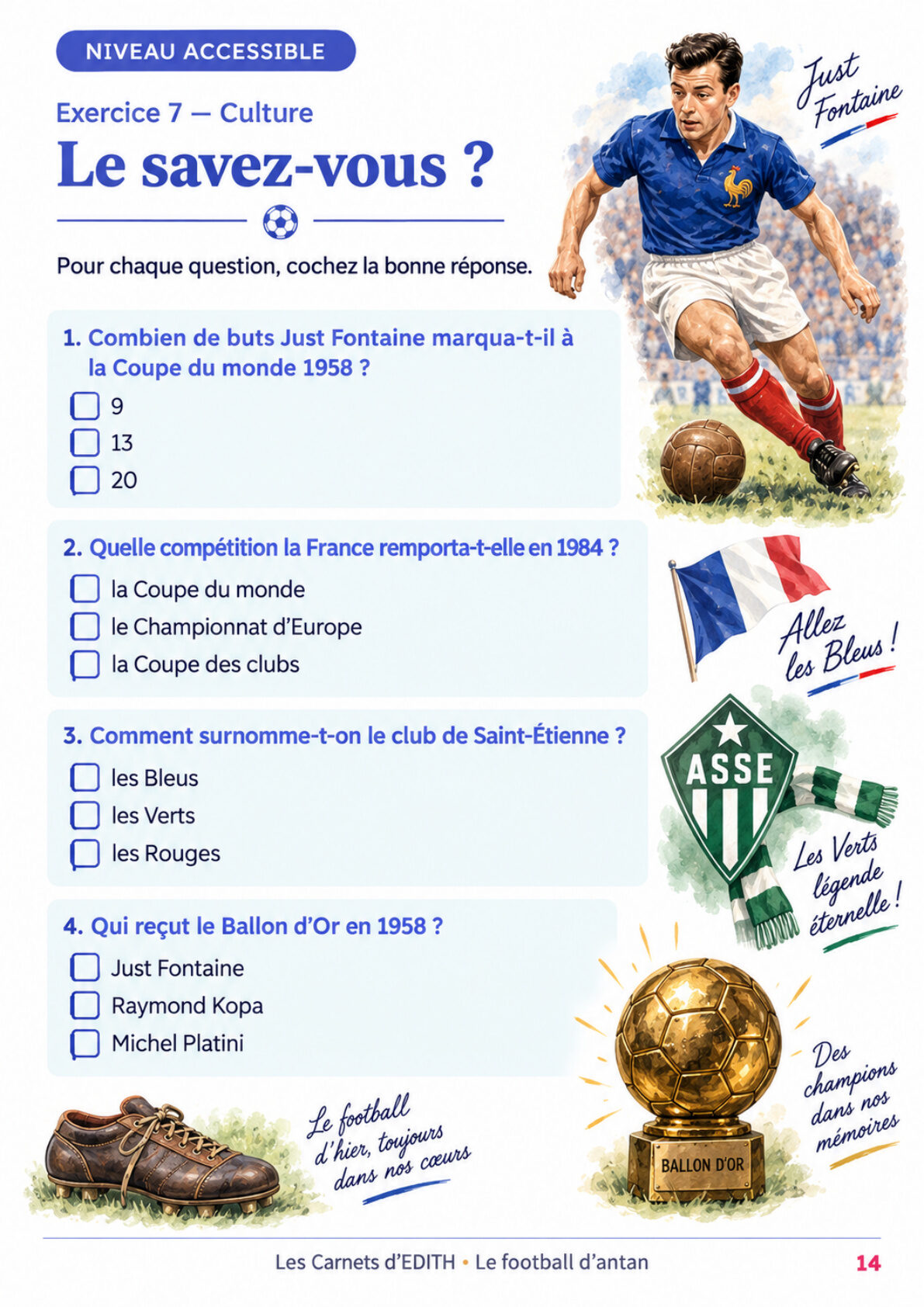 Page d’exercice 14 du carnet Le football d’antan