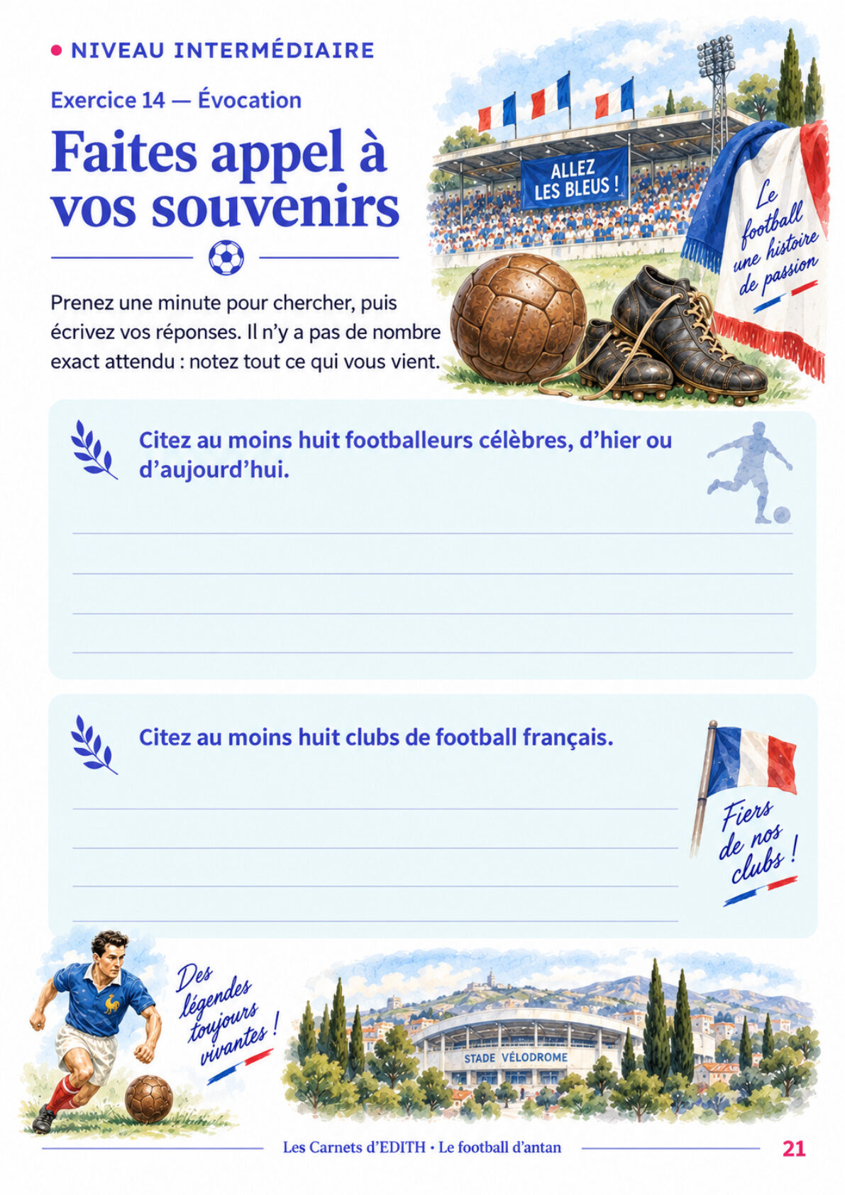 Page d’exercice 21 du carnet Le football d’antan