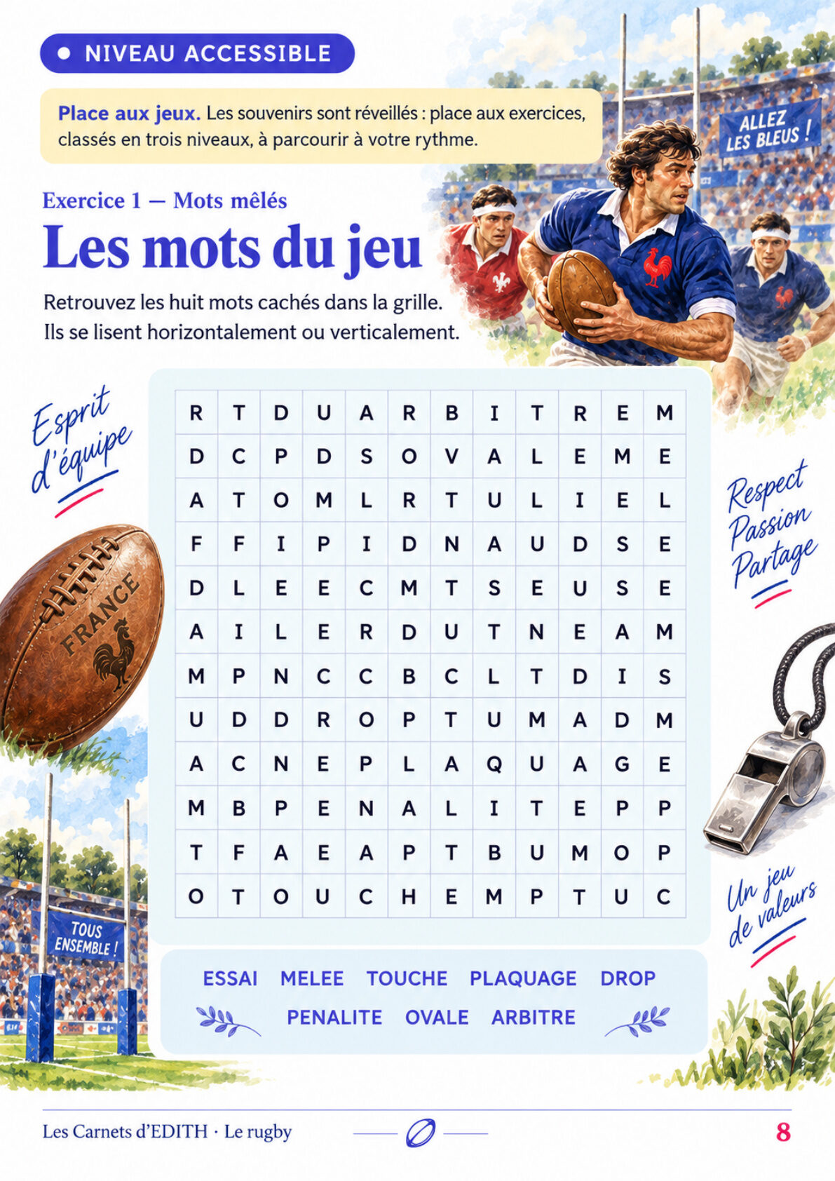 Page d’exercice 8 du carnet Le rugby