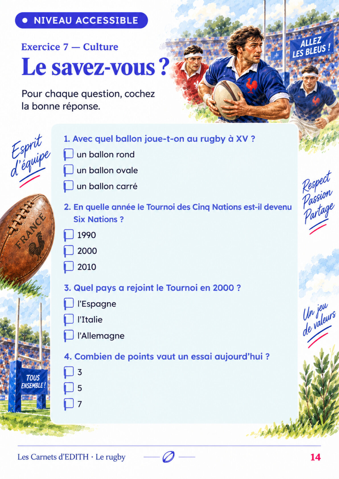 Page d’exercice 14 du carnet Le rugby