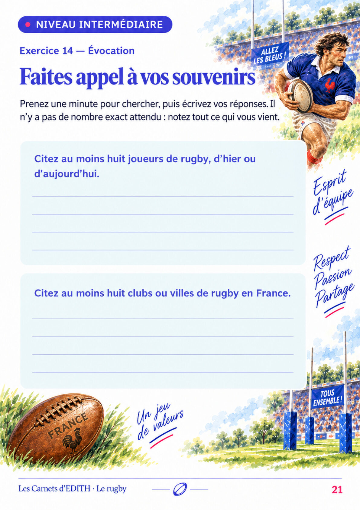 Page d’exercice 21 du carnet Le rugby