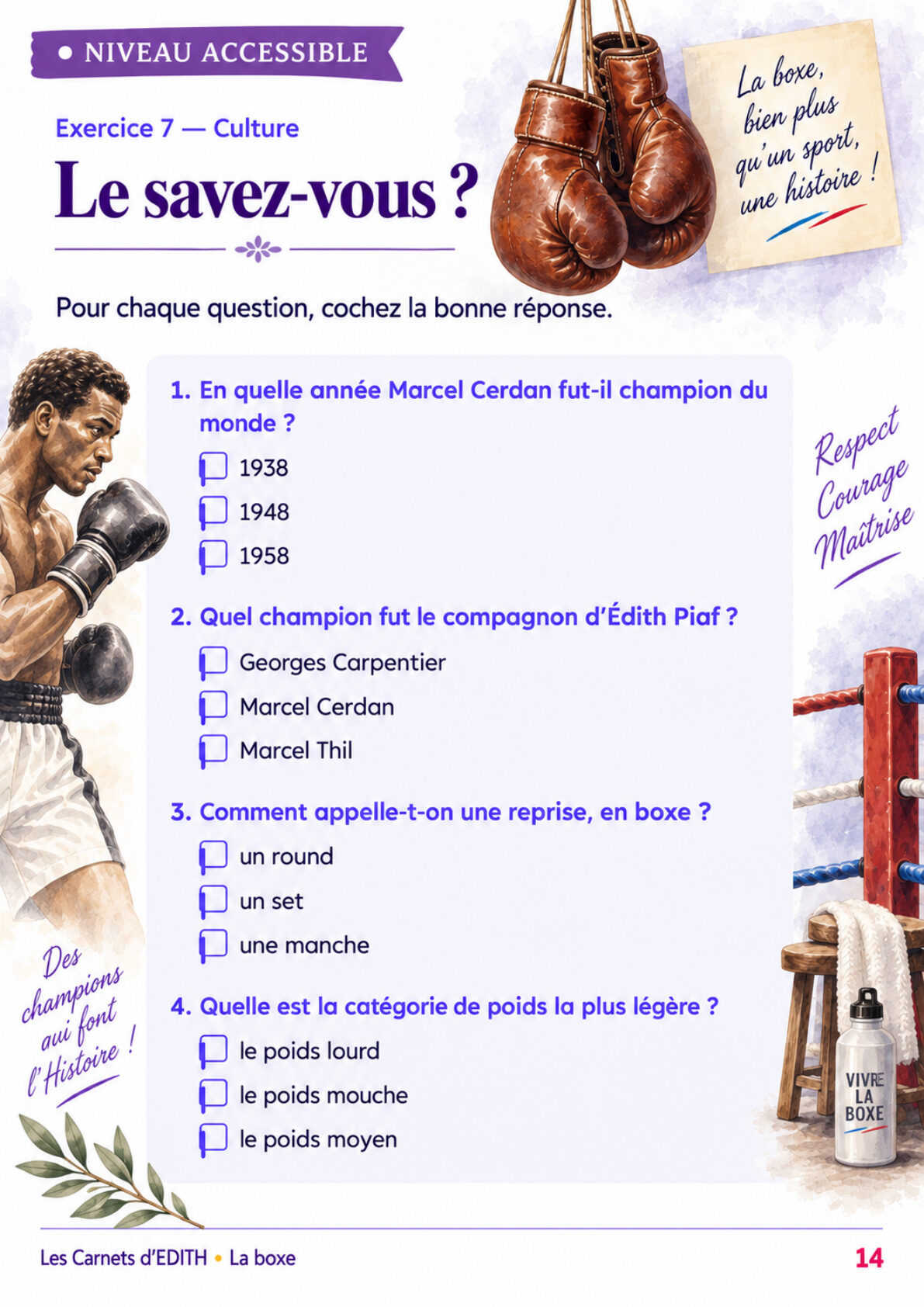Page d’exercice 14 du carnet La boxe