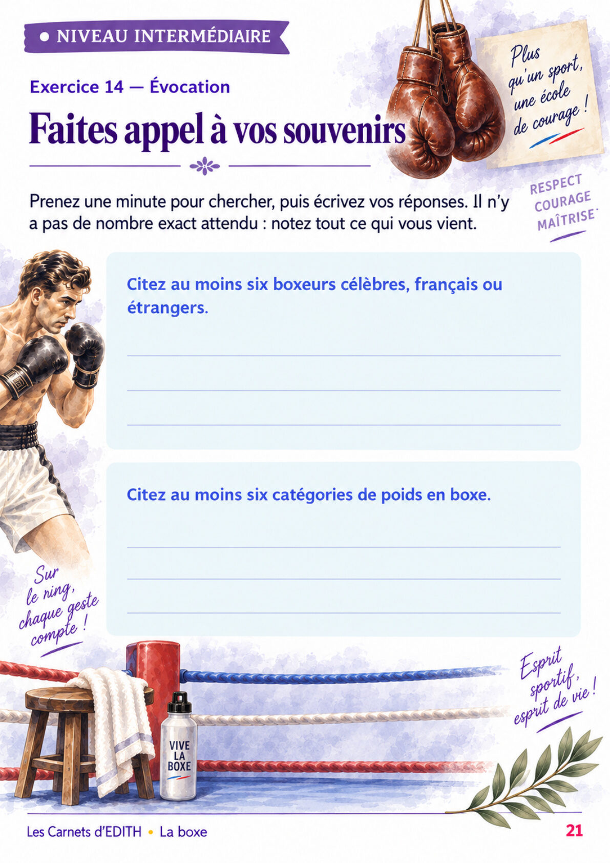 Page d’exercice 21 du carnet La boxe