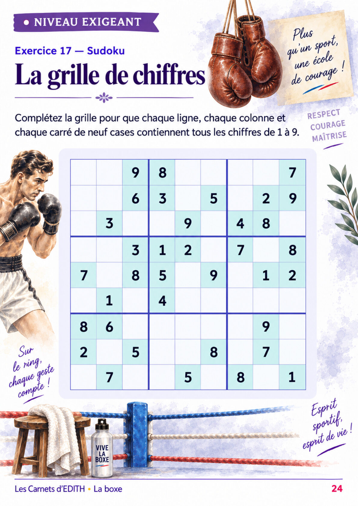 Page d’exercice 24 du carnet La boxe