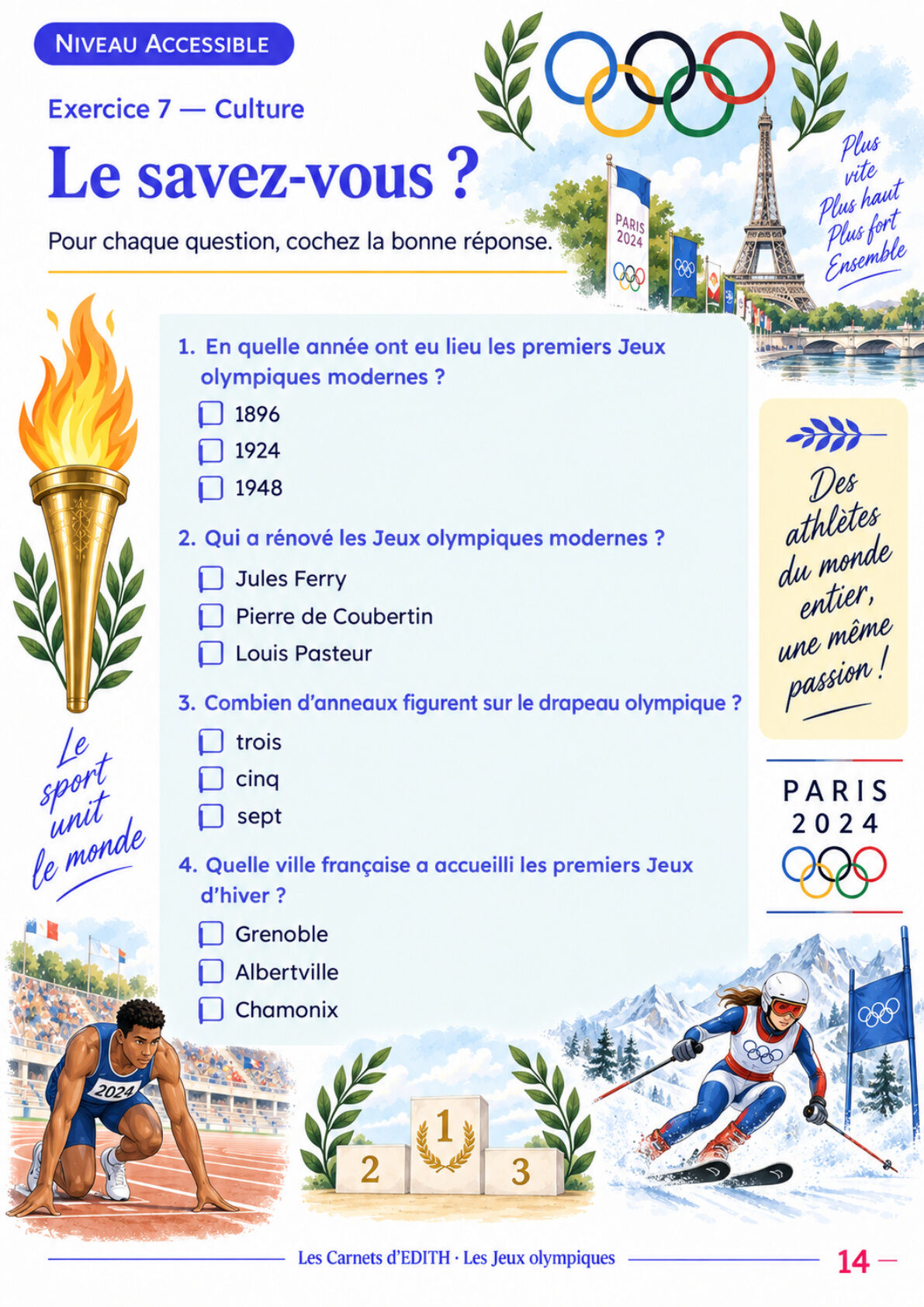 Page d’exercice 14 du carnet Les grands Jeux olympiques
