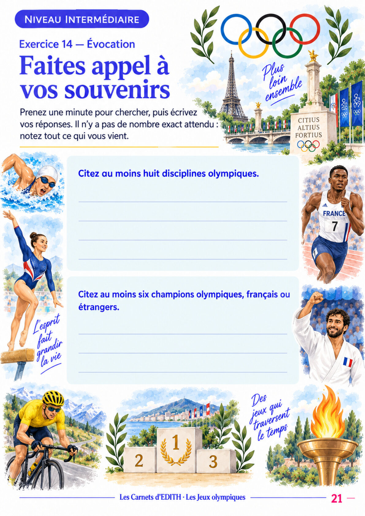 Page d’exercice 21 du carnet Les grands Jeux olympiques