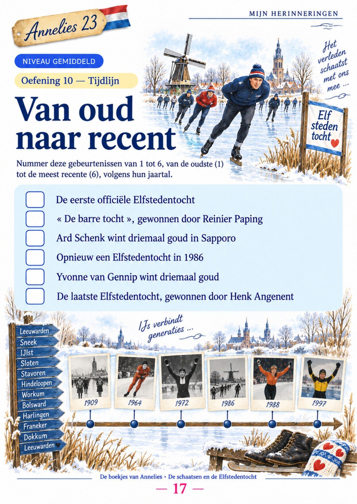 Oefenpagina 17 uit het boekje De schaatsen en de Elfstedentocht