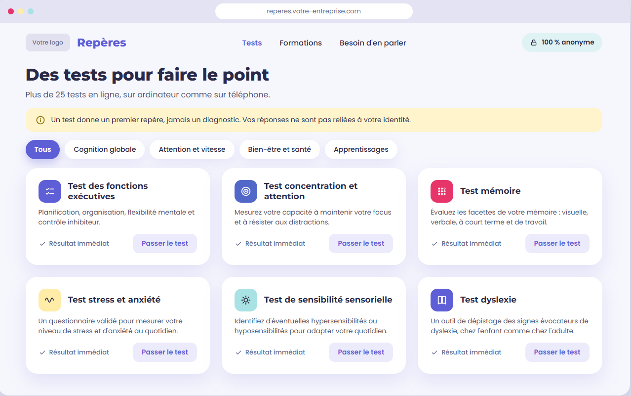 Catalogue de tests d'auto-évaluation d'une plateforme personnalisée