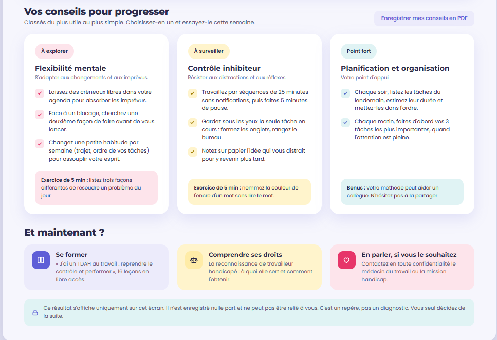 Conseils personnalisés pour progresser affichés après un test