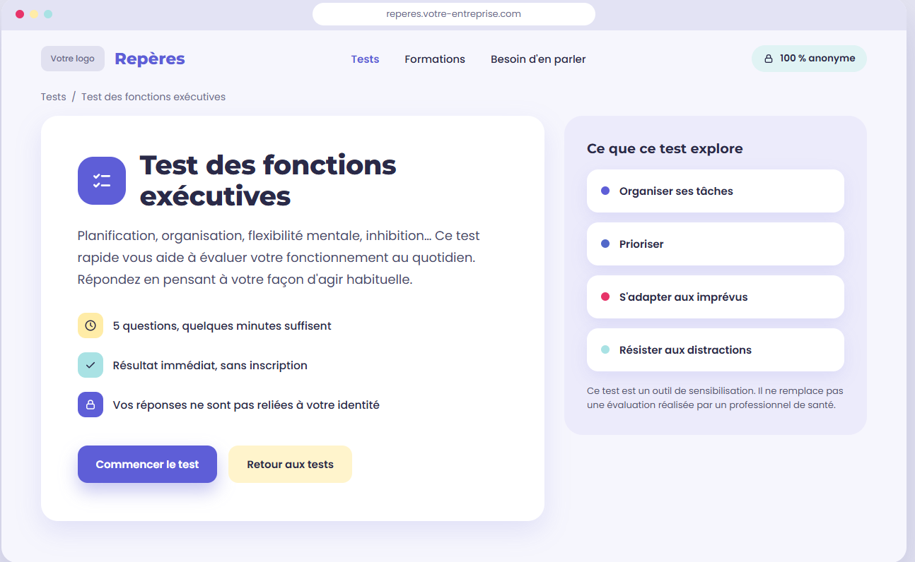 Écran de présentation d'un test des fonctions exécutives sur une plateforme anonyme