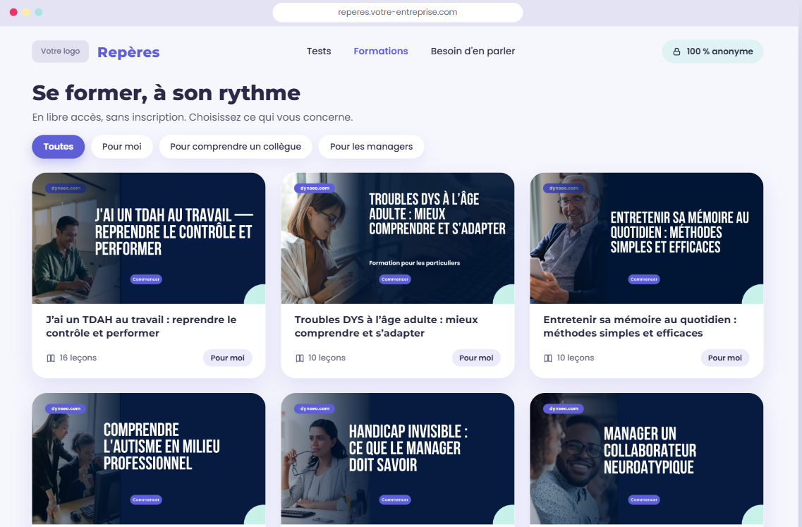 Catalogue de formations en libre accès d'une plateforme personnalisée, classées par public