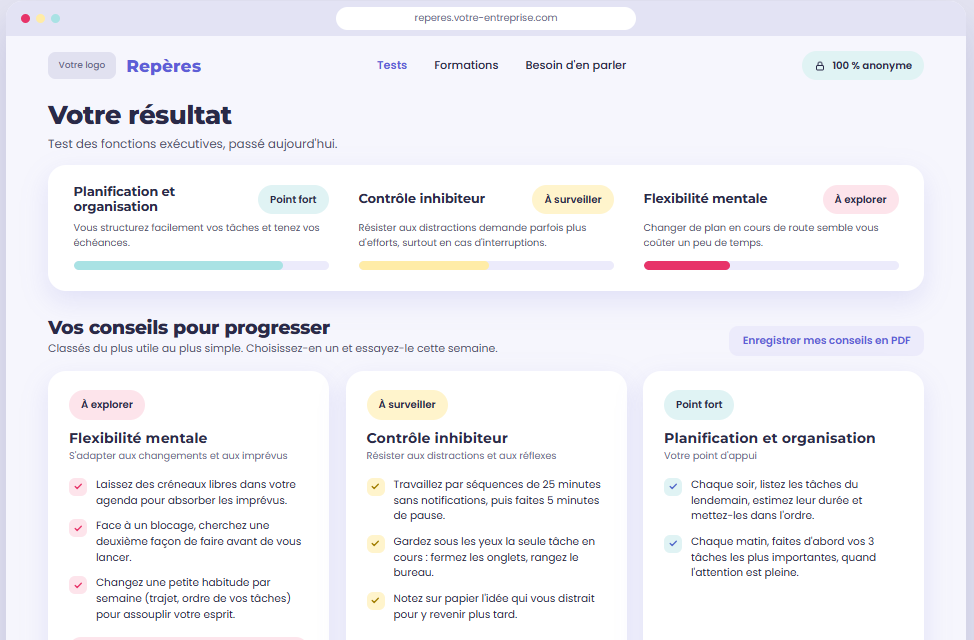 Écran de résultat d'un test avec un profil sur trois dimensions
